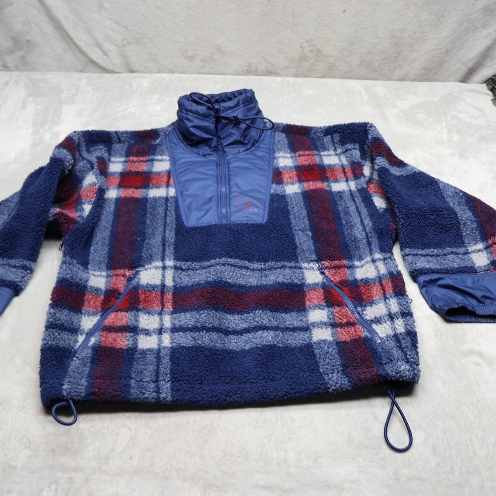 Adidas Stella McCartney Jacket Womens Medium Blue Plaid Fleece Jacquard Pit Zip